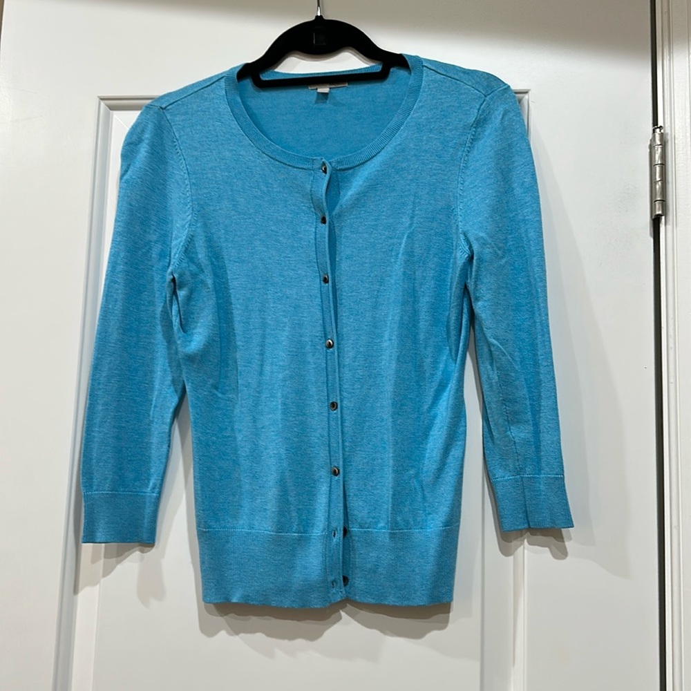 Halogen Turquoise Cardigan Sweater with Ribbed Trim Size Small.